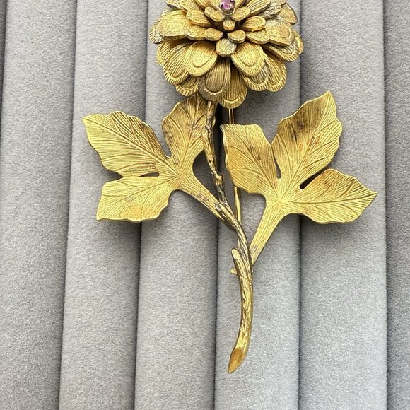 Vendome Brooch Sterling Silver Gold Vermeil Flower Floral Red Signed 3" Pin - Picture 3 of 12